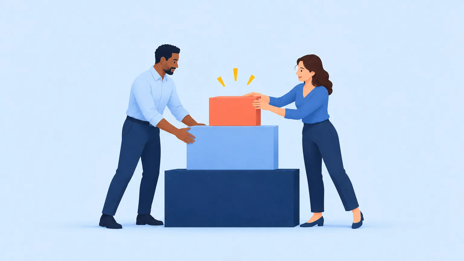 Two colleagues building a stepped pyramid together, one setting the top block