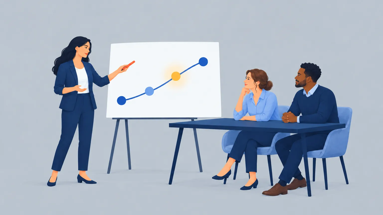 A professional presenting a rising plan to two engaged colleagues at a table