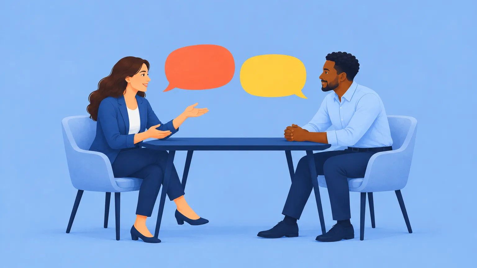 Two colleagues in a warm conversation across a table