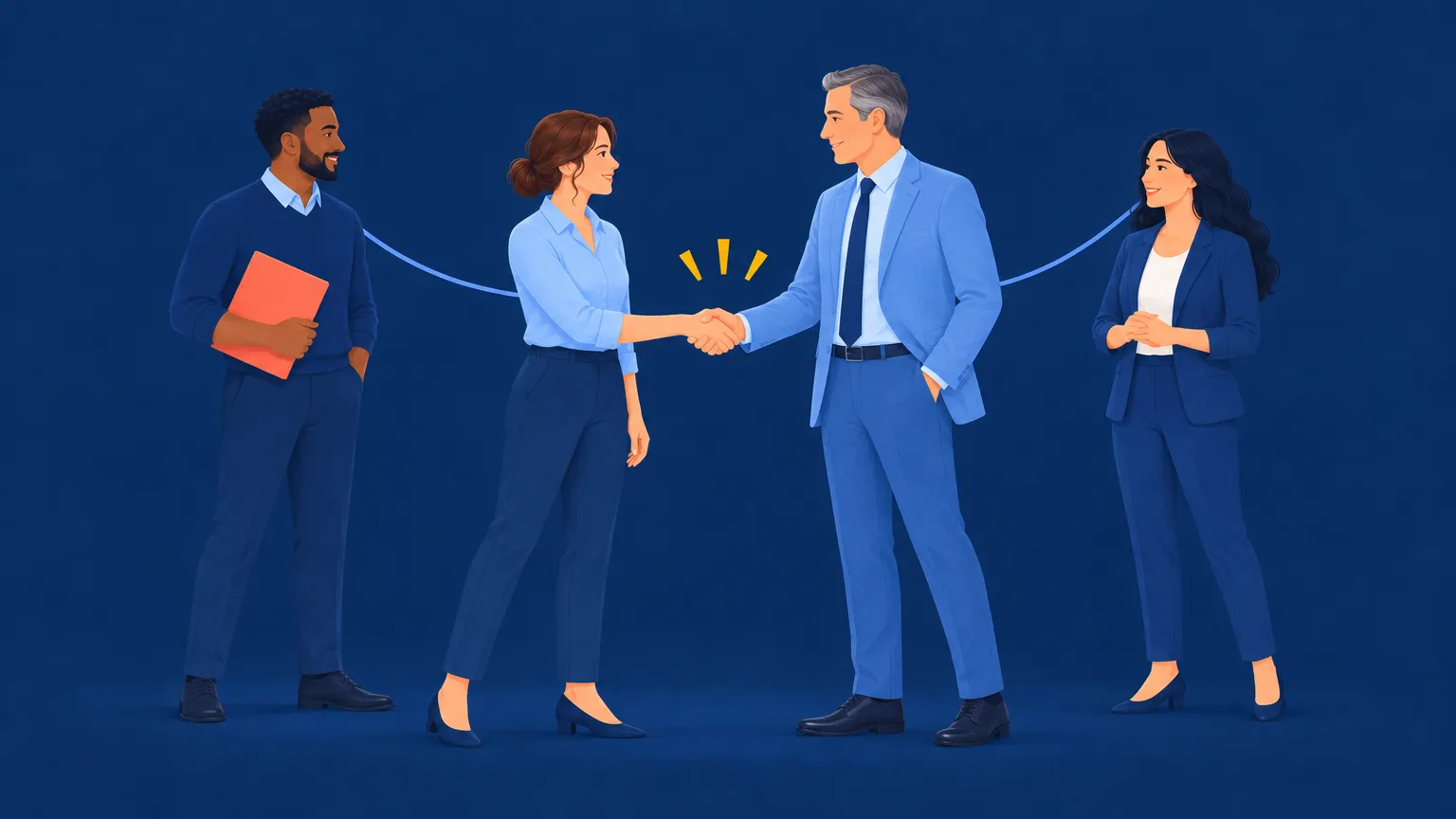 A professional shaking hands with a senior executive as colleagues look on